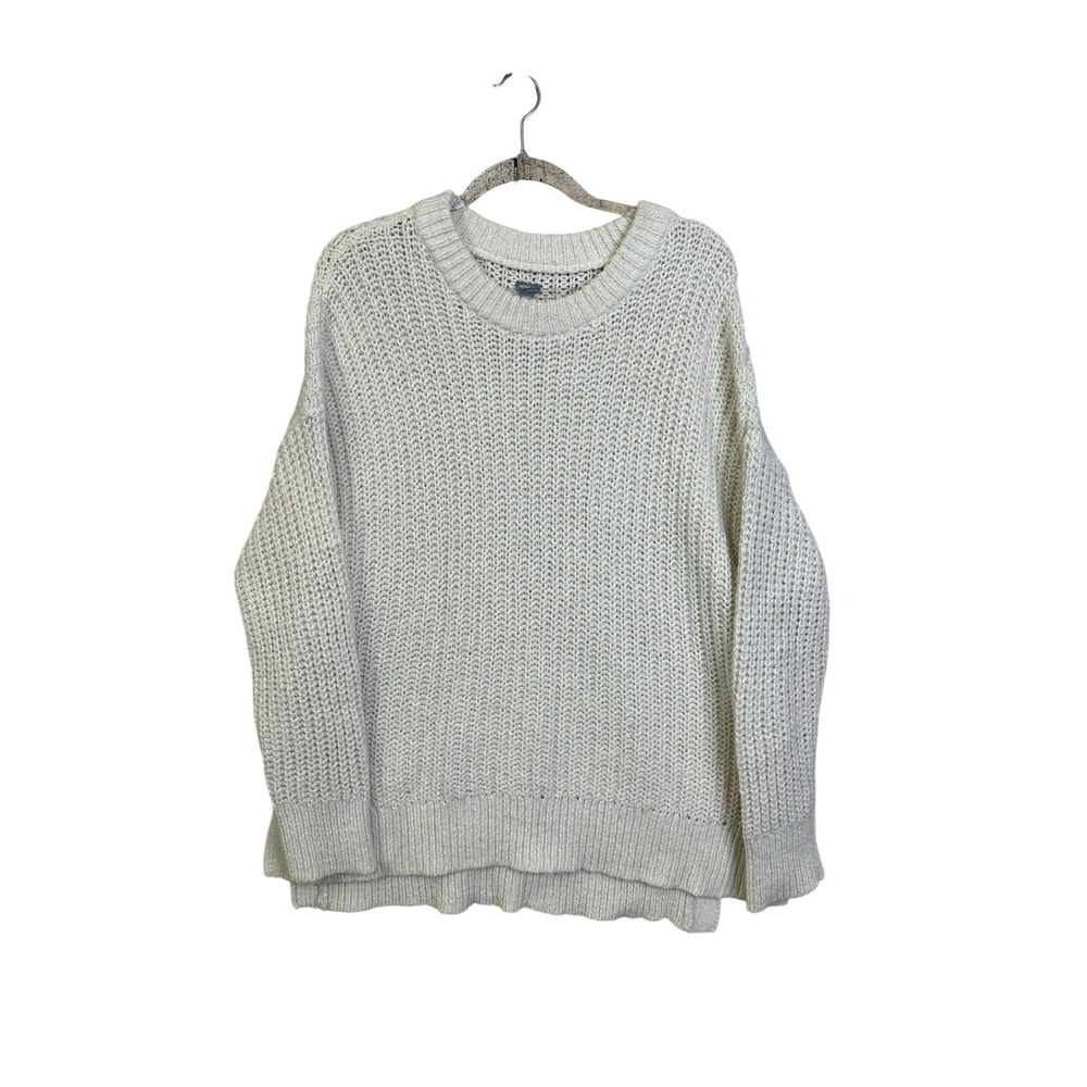 Aerie Womens M Beige Knit Pullover Sweater Crew Neck Long Sleeve Side Slit‎